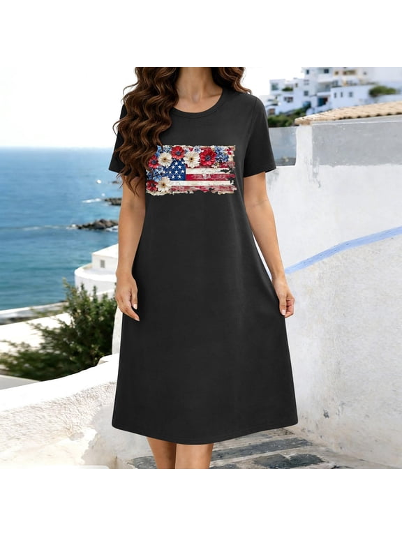 Sleepshirts Moo Moos for Women Nightgown Chemise Nightgowns Plus Size Nightgowns Nightshirt Black Crew Neck Short Sleeve Sleep Dress for Women,L