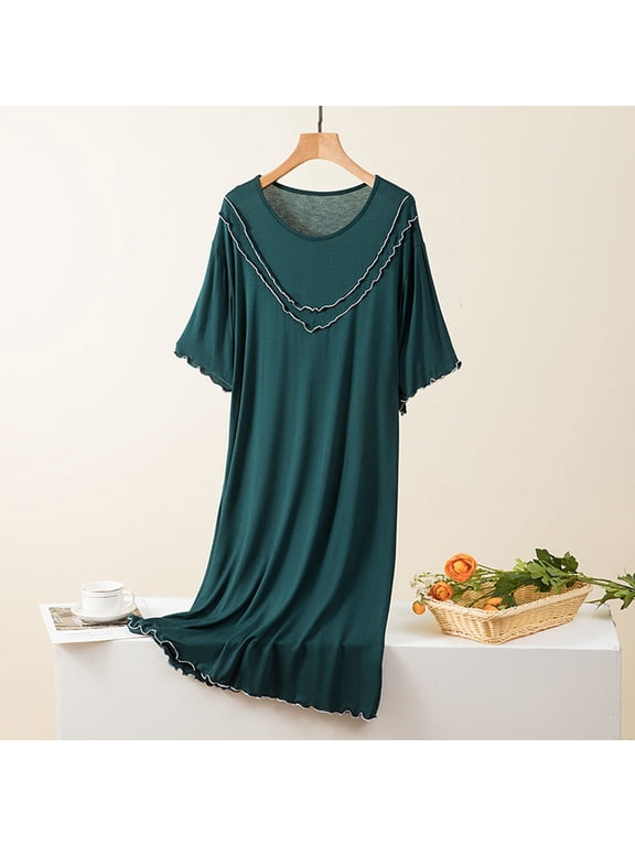 Sleepshirts Moo Moos for Women Nightgown Cotton Nightgowns Moomoo Nightgowns Chemise Elbow-Length Green Crew Neck Below-the-Knee Womens Nightgowns,XXL