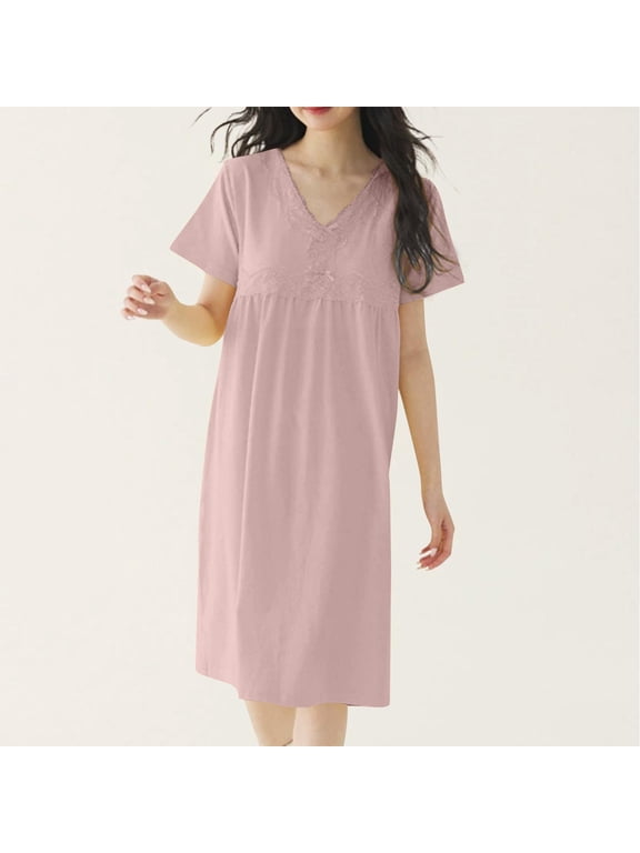 Sleepshirts Moo Moos for Women Nightgown Victorian Nightgown Cotton Nightgowns Nightgowns V-Neck Knee Length Pink Short Sleeve Womens Nightgowns,L