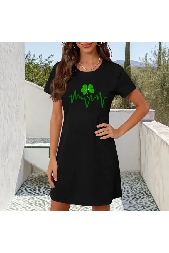 Sleepshirts Moo Moos for Women Nightgown Cotton Nightgowns St. Patrick Nightgowns Above-the-Knee Short Sleeve Black Crew Neck Mumu Nightgown,L