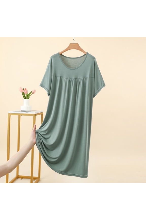 Sleepshirts Nightgowns for Women Bamboo Nightgowns Chemise Nightgowns Sleep Dress Green Short Sleeve Crew Neck Knee Length Sleep Dress for Women,L