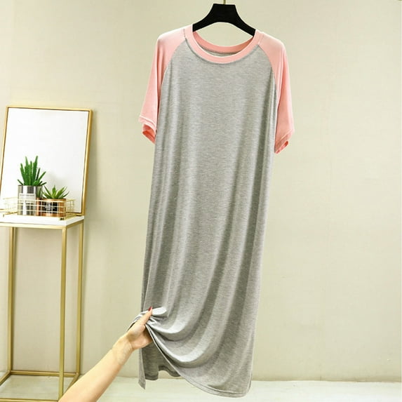 Blmnix Sleepshirts Women's Nightgowns Cotton Nightgowns Moomoo Nightgowns Sleep Shirts Below-the-Knee Gray Crew Neck Short Sleeve Sexy Nightgowns for Women,S