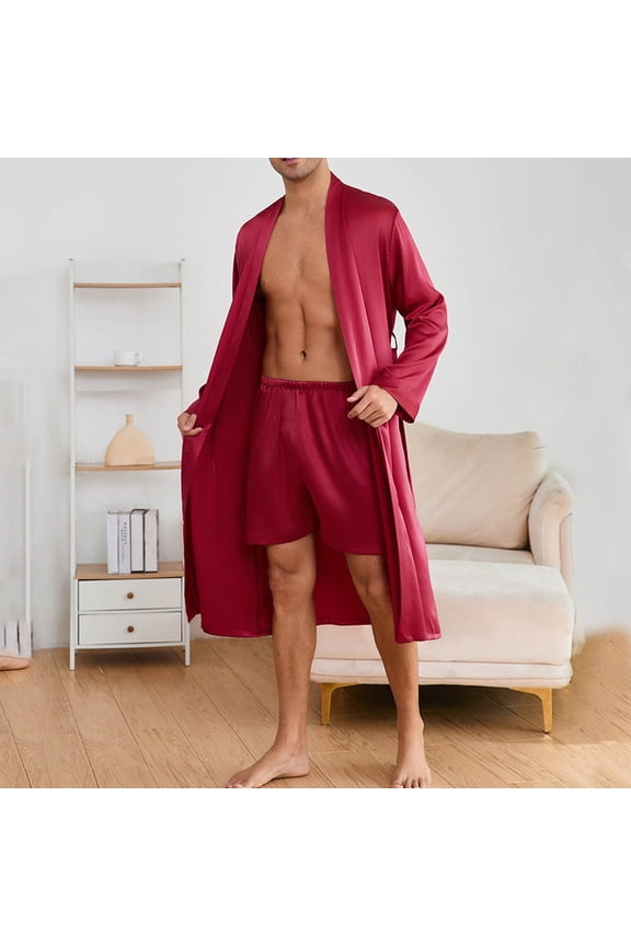 Sleepwear Sets Men Pjs Sets Summer Pajamas Silk Pjs Pjs Sets V-Neck Red Long Sleeve Short Straight-Leg Men Pajama Pants,S