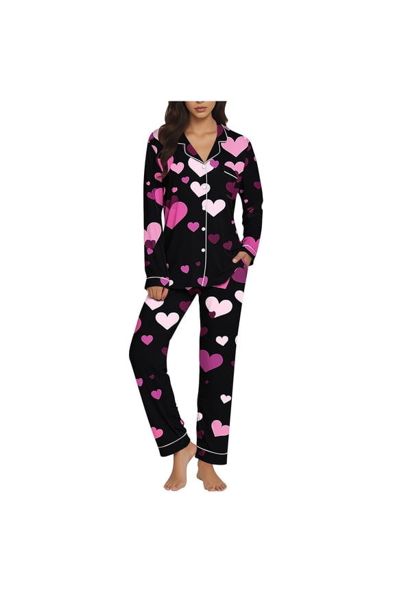 Sleepwear Sets Pajama Pants Heart Pajamas 2 Piece Pjs Collared Red Full Long Sleeve Valentines Day Pjs,XXL