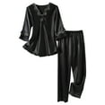 thumbnail image 1 of Blmnix Sleepwear Sets Pajama Set Petite Pajamas Silk Pajamas Tops Full Lace Neckline Elbow-Length Black Women Pjs Sets,M, 1 of 6