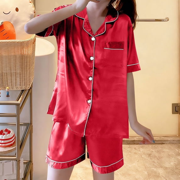 Blmnix Sleepwear Sets Sleepwear for Women Satin Pajama Plus Size Pajamas Pajamas Cropped Collared Short Sleeve Red Womens Summer Pajamas,XXXXL