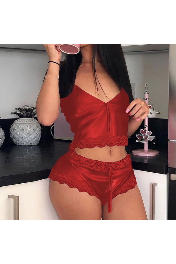 Sleepwear Sets Valentine Pjs Women Sexy Pajama Silk Pajamas Tops Short Red Short Sleeve V-Neck Womens Pajamas Set,M