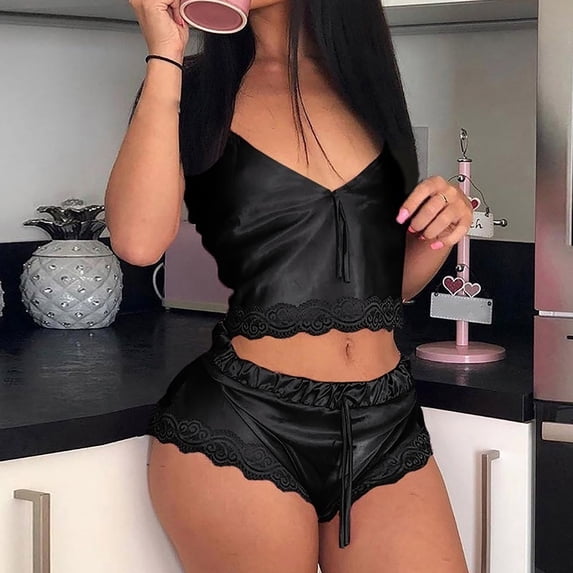 Blmnix Sleepwear Sets Valentine Pjs Women Silk Pajamas Sexy Pajama Pants Short Sleeve V-Neck Black Short Pajama Shorts,XXL