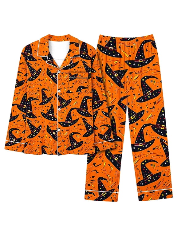 Sleepwear Sets Women Pjs Sets Button Up Petite Halloween Pajamas Pjs Sets Wide-Leg Long Sleeve Collared Full Soft Pajama Set for Women,M