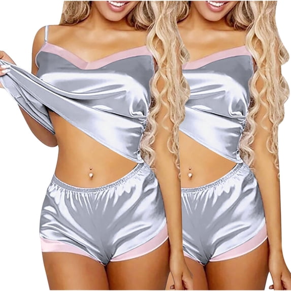 Blmnix Sleepwear Sets Women's Pajama Sets Satin Pajama Sexy Pajama Set Sweetheart Relaxed Gray Sleeveless Cropped Summer Pajamas for Women,S