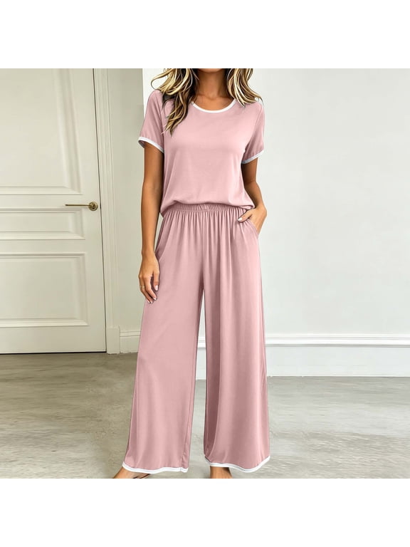 Sleepwear Sets Women's Pajamas Plus Size Modal Pajamas Women 2 Piece Pajamas Pink Crew Neck Wide-Leg Short Sleeve Long Summer Pjs for Women Set,XXXL