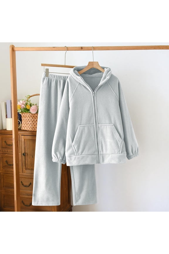 Sleepwear Sets Womens Pajama Pants Fleece Pajamas Winter Pajamas Pjs Green Hooded Long Sleeve Wide-Leg Full Pajama Set Women,XL