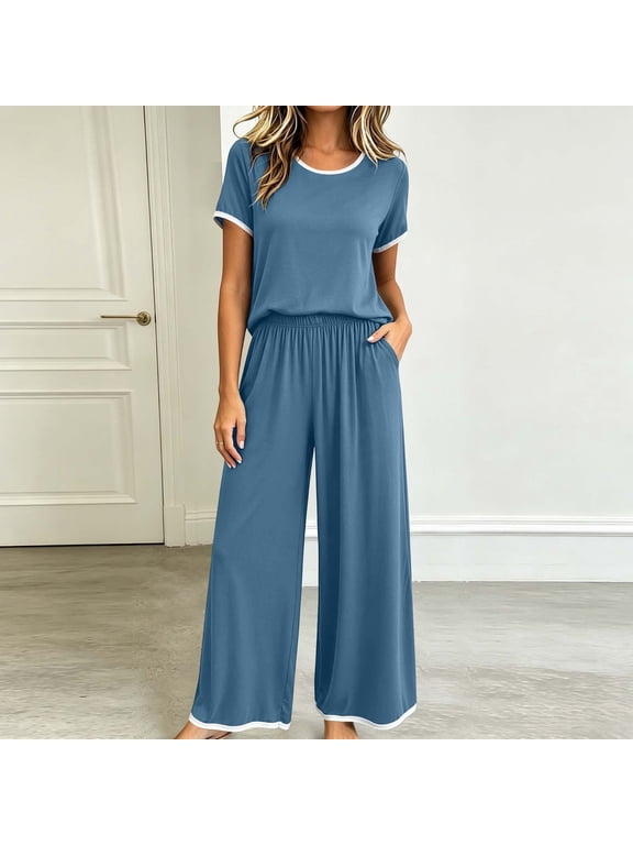 Sleepwear Sets Womens Pajamas 2 Piece Plus Size Modal Pajamas Women Pjs Sets Blue Wide-Leg Crew Neck Short Sleeve Long Summer Pajamas for Women Set,XXXL
