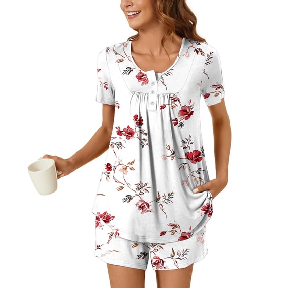 Blmnix Sleepwear Sets Womens Pjs Sets Cotton Pajamas Button Up Pajamas Pink Short Crew Neck Short Sleeve Wide-Leg Pajama Shorts,L