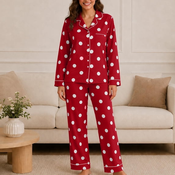 Blmnix Sleepwear Sets Womens Sleepwear Bamboo Pajamas Button Up Pajamas Pajamas Straight-Leg Long Sleeve Red Collared Full Summer Pajamas for Women,M
