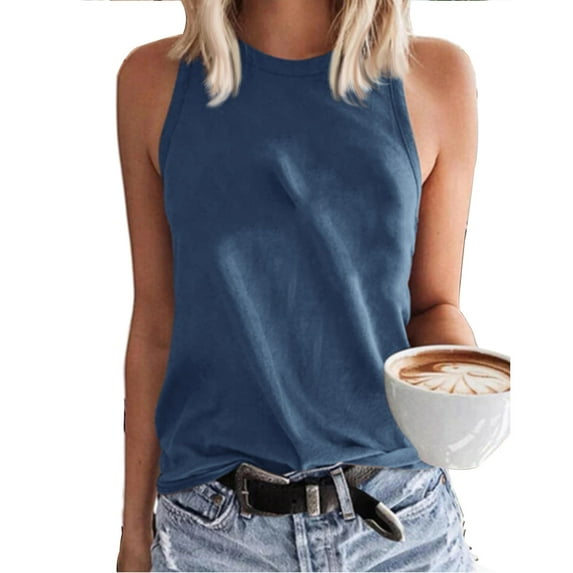 Blmnix Sleeveless Womens Tops Trendy Blue Loose Solid Crew Neck Basic Tank Tops Vest 2024