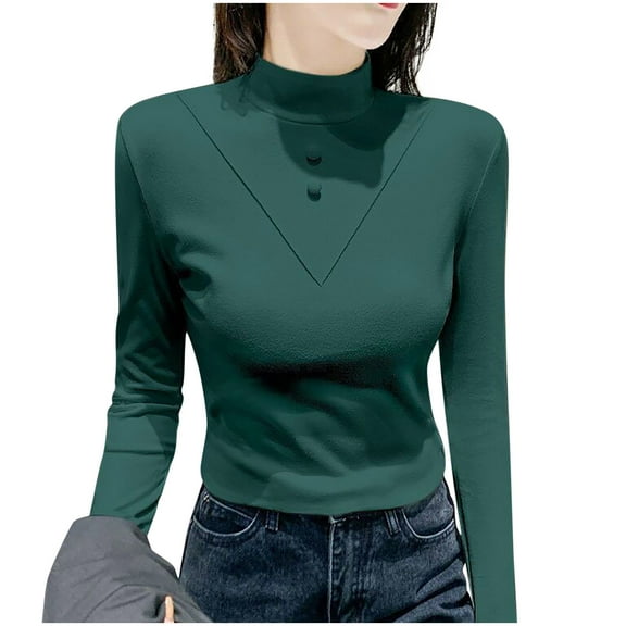 Blmnix Slim Plus Size Shirts for Women 2025 Basic Base Layer Green Running Tops Long Sleeve High Neck Blouses