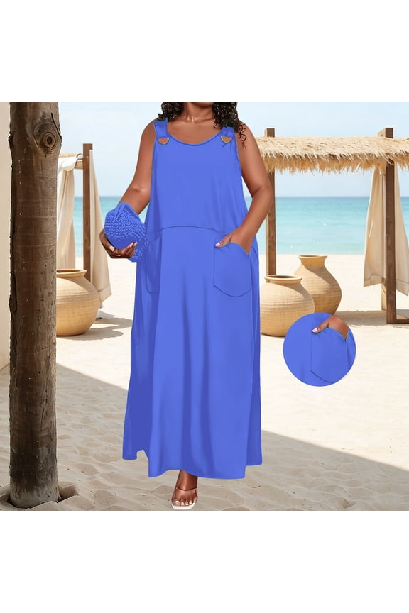 Slip Dress Dress for Women Sundresses Plus Size Dresses for Curvy with Pockets Dresses Sleeveless Crew Neck Maxi Blue Womens Summer Dresses 6XL