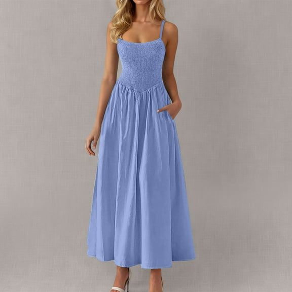 Blmnix Slip Dress Dresses for Women Pleated Tent Petticoat Square Neckline Blue Sleeveless Party Dress,M