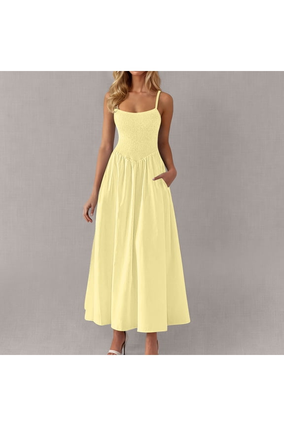 Slip Dress Dresses for Women Tent Pleated Skirt Square Neckline Sleeveless Yellow Women' s Dress,S