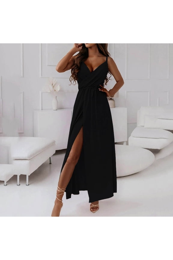 Slip Dress Summer Dresses for Women Flowy Dresses Sexy Tea-Length Under Dresses Black Slit Neck Sleeveless Beach Dresses for Women,M