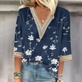 thumbnail image 1 of Blmnix Small Flower Print Boho Shirts for Women Navy V-Neck Blouses for Women Dressy Casual Lace Long Sleeve Tops, 1 of 5