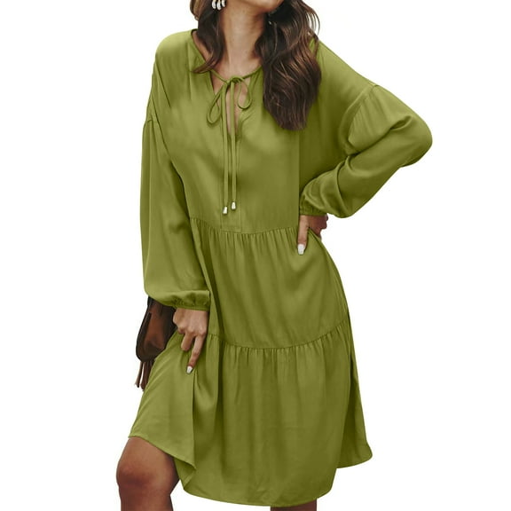 Blmnix Smock Ladies' Dresses Casual Satin Under Dresses Cocktail-Length Green Tie Neck Long Sleeve Women' s Dress,XL