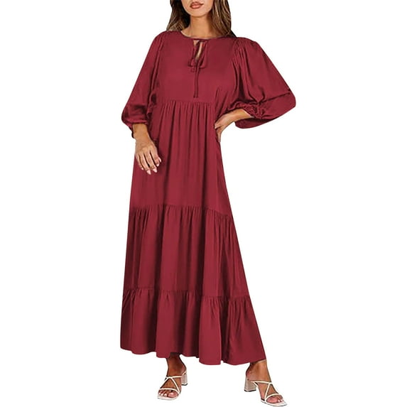Blmnix Smock Wedding Guest Dresses for Women Pleated Casual Tea-Length Dress 3/4 Sleeve Tie Neck Red Holiday Skirts for Women,XL
