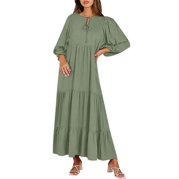 Blmnix Smock Wedding Guest Dresses for Women Tea-Length Casual Pleated Skirts Green Tie Neck 3/4 Sleeve Party Dress,S