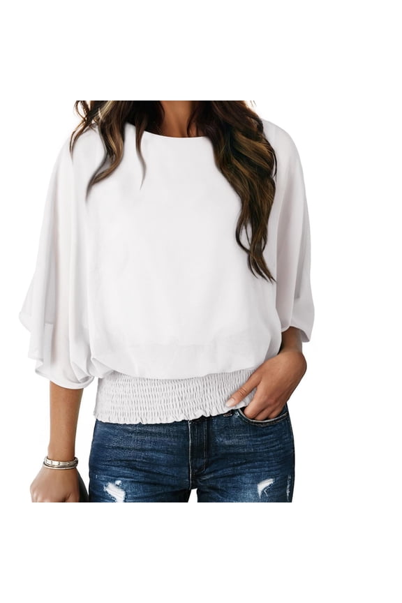 Smocked Women Blouses for Work Plus Size White Work 3/4 Sleeve Funny Golf Tees Crew Neck Blouse