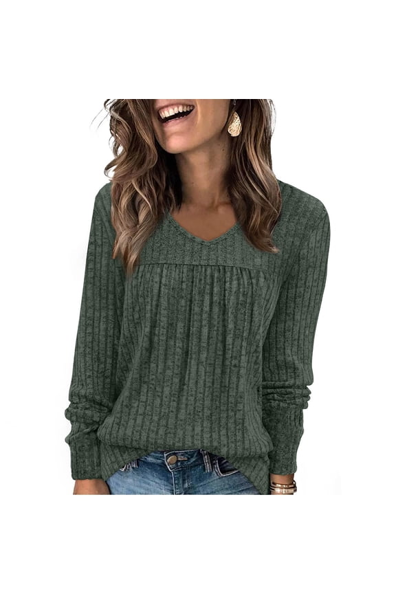 Smocked Women’S Tops Office Green Long Sleeve Women's Fall Tops V-Neck Tops