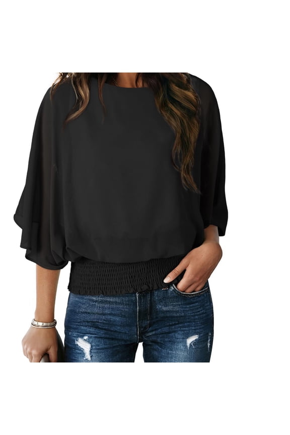 Smocked Womens Basic Tops 3/4 Sleeve Basics Work Black Y2K Shirts for Women Crew Neck Blouse