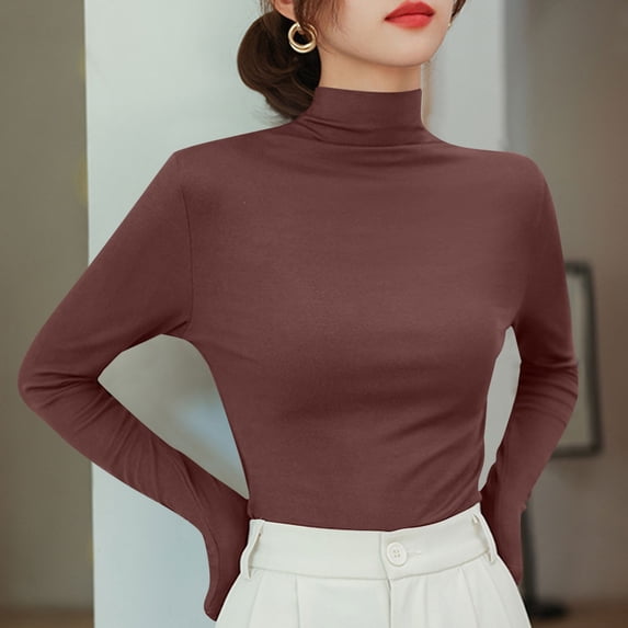 Blmnix Soft Plus Size Going Out Tops Fall Basic Coffee Travel Y2k Shirts for Women High Neck Long Sleeve Blouses
