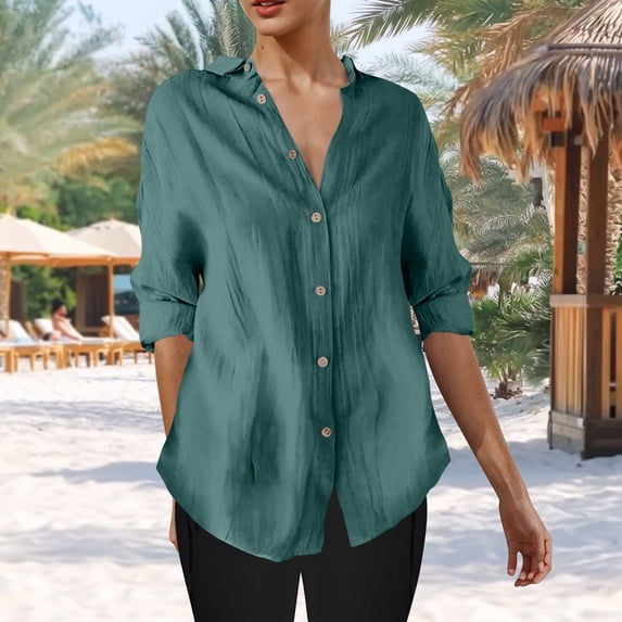 Blmnix Solid Color Fitted Button Up Shirts Tunic Green Women Work Tops V-Neck Long Sleeve Shirts