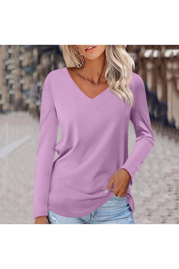 Solid Color Teacher Tops for Women Tunic Blouses Long Sleeve V-Neck Tees
