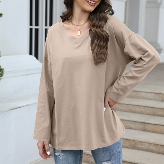 Blmnix Solid Color Work Blouses for Women Khaki V-Neck Plus Size Sexy Tops Athleisure cotton Long Sleeve Tops