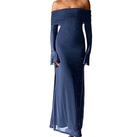 Blmnix Sparkly Girls Dresses Bodycon Sexy Under Dress Long Sleeve Boat Neck Blue Winter Dress,XL