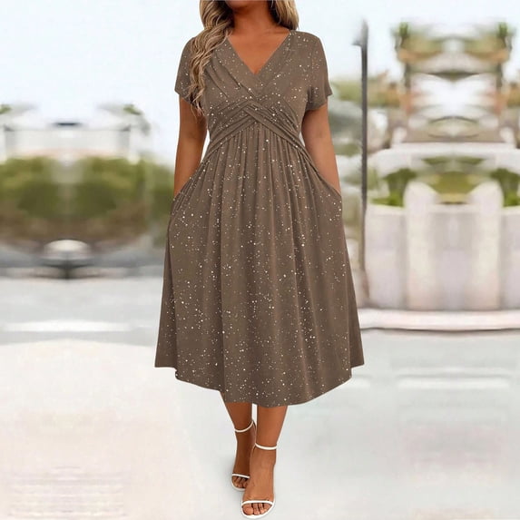 Blmnix Sparkly Valentine Party Dresses for Women Plus Size Tent Skirt V-Neck Short Sleeve Brown Blazer Dress for Women,XXL