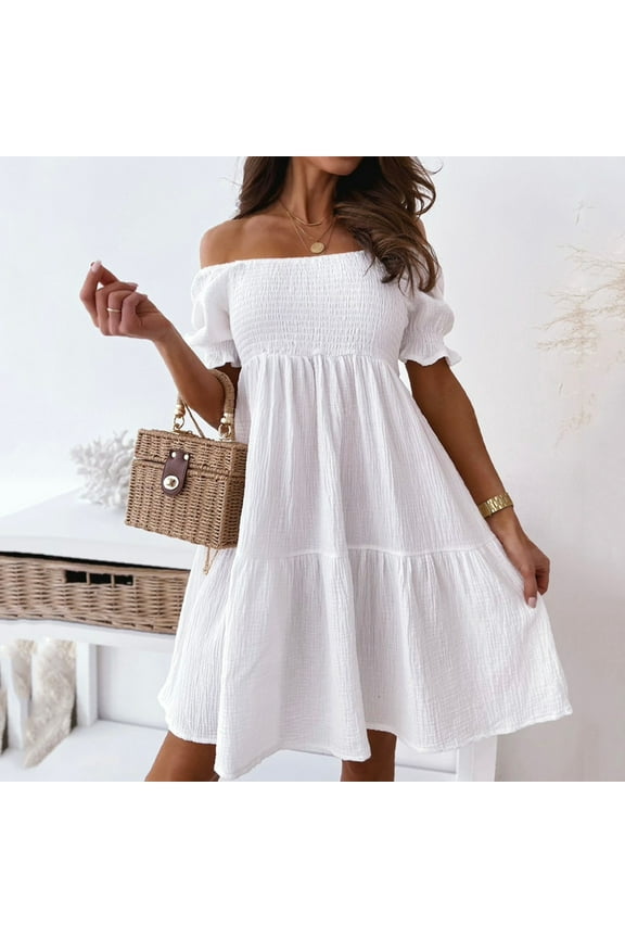 Blmnix Spring Dresses for Women Short Sleeve 2024 White Mid-Length Pleated Ruffle Solid Shift Pretty Teens Dresses