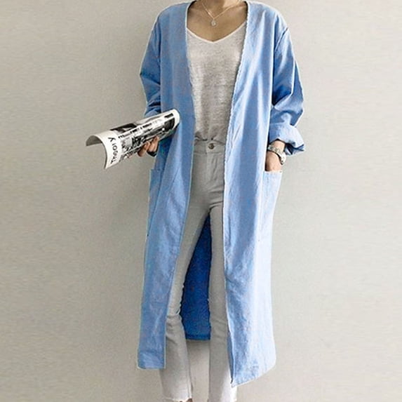 Blmnix Spring Jackets Jacket for Women Linen Jacket Convertible Pull-On with Pockets Coat Long Sleeve Blue Cocoon Jackets for Women Casual