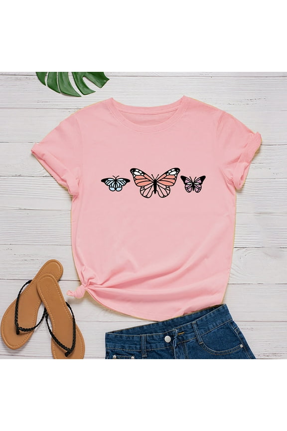 Blmnix Fashion Tops for Women Short Sleeve Pink Crew Neck Graphic Loose Cute T-Shirts Casual Tees