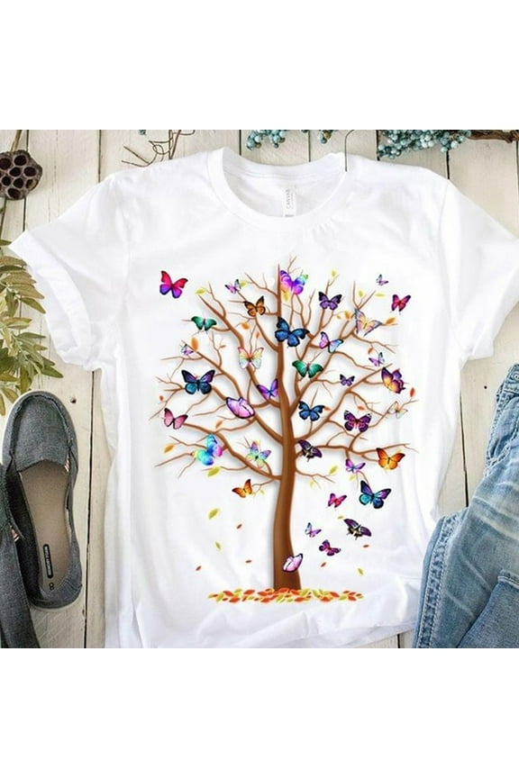 Blmnix Spring Tops for Women White Short Sleeve Pretty Butterfly Loose Crew Neck Blouse Fashion Shirts