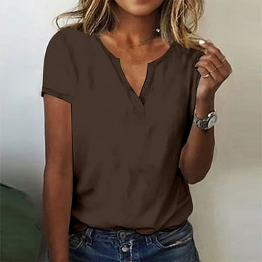 Blmnix Spring Womens Tops 2024 Short Sleeve Brown Solid Loose V Neck Basic T-Shirts Trendy Shirts