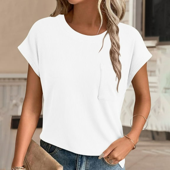Blmnix Spring Womens Tops Short Sleeve White Casual Ribbed Solid Vacation Blouse Teens Tops 2024