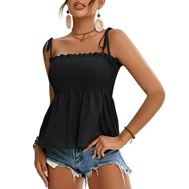 Blmnix Spring Womens Tops Trendy Sleeveless Solid Loose Halter Pleated Ruffle Tank Tops Casual Blouses