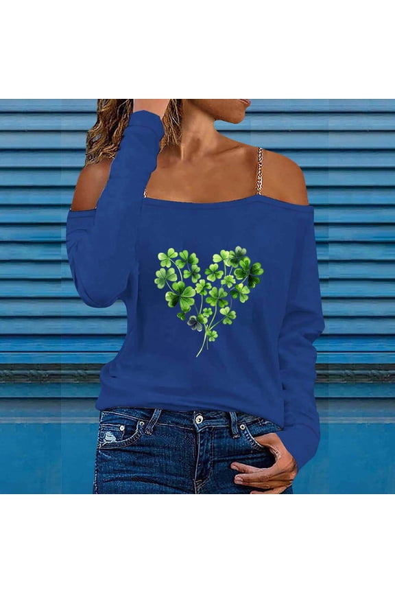 St. Patrick Holiday Shirts Raglan Camisole Shirts Long Sleeve Boat Neck Blue Spring Going Out Tops,M