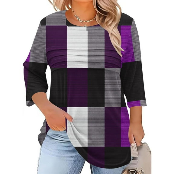 Blmnix Streetwear Country Concert Tops for Women Tunics Plaid Basic Tops for Woman 3/4 Sleeve Crew Neck Purple Tops