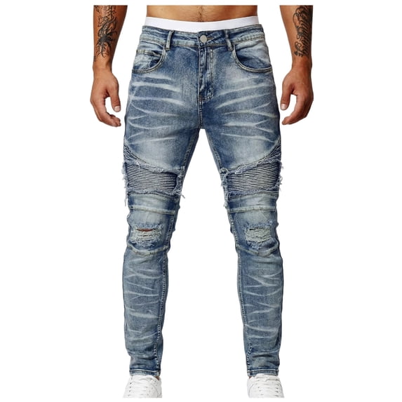 Blmnix Stretch Jeans Pants for Men Ripped Jeans Cargo Skinny Low Waisted Bottoms Blue Full Slim-Leg Mens Summer Pants,XL