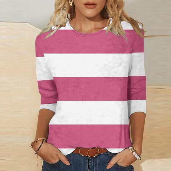 Blmnix Striped Business Shirts for Women Fashion 2025 Pink Streetwear Sports Tops for Women Crew Neck Long Sleeve Blouses