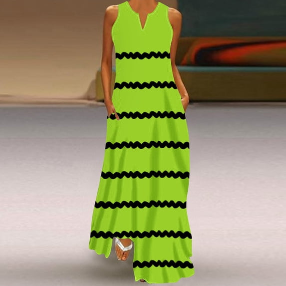 Blmnix Striped Dress Women Dresses Tank Long Summer Dresses with Pockets Under Dress Green Sleeveless Maxi V-Neck Womens Summer Dresses Casual,M